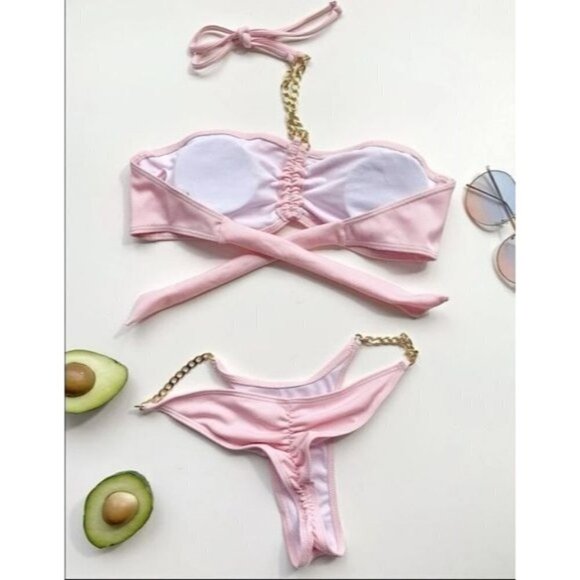 Chain Ruched Halter Bikini Swimsuit - Picture 2 of 7